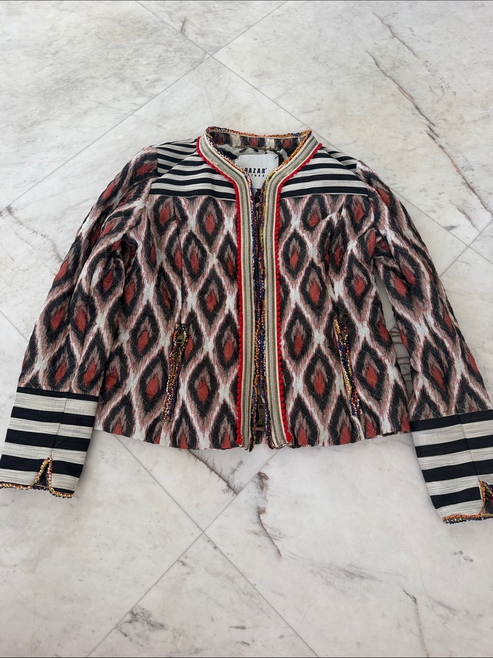 Bazar Deluxe Red Multicolor Ikat Open-Front Blazer with Striped Accents Sz42